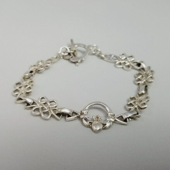 Vintage Sterling Silver Celtic Infinity Love Knots Link Bracelet Claddagh Toggle - Picture 8 of 8